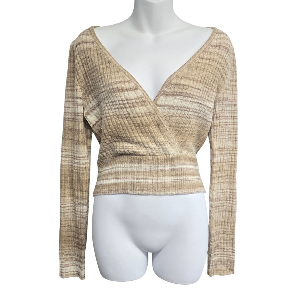 American Eagle‎ Womens Tan Heather Ribbed Wrap Top Cropped Sweater Medium Soft